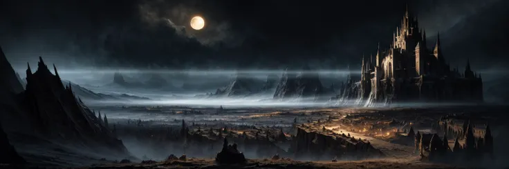 Realistic, Photorealistic, (masterpiece:1.5), concept art, intricate details, eerie, highly detailed, photorealistic, octane render, 8k, unreal engine, Mythical landscape at night, nightscape, fantasy, gothic horror, best quality, highres, (dark mythical landscape:1.3), (night time:1.3), (hyperrealistic:1.1), 4k, 8k, (extremely detailed background), (dynamic background), fracture broken fantasy landscape, (glowing moon), dark energy, dimly lit, low key, <lora:epiNoiseoffset_v2:1>, <lora:add_detail:0.9>,