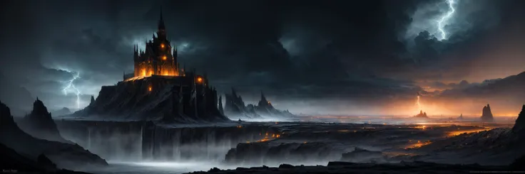 Realistic, Photorealistic, (masterpiece:1.5), concept art, intricate details, eerie, highly detailed, octane render, unreal engine, Mythical landscape at night, nightscape, fantasy, gothic horror, best quality, highres, (dark mythical landscape:1.3), (night time:1.3), (hyperrealistic:1.1), 4k, 8k, (extremely detailed background), (dynamic background), fracture broken fantasy landscape, (glowing moon), (lightning storm, lightning:1.2), dark energy, dimly lit, low key, <lora:epiNoiseoffset_v2:1>, <lora:add_detail:0.9>,