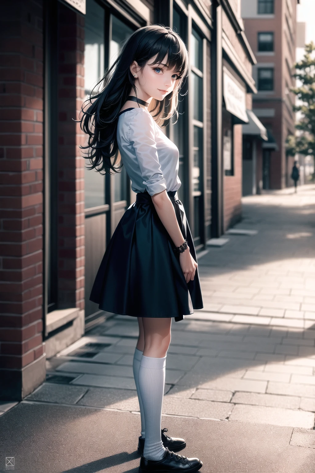 (1girl:1.4),(realistic:1.5),photorealistic, octane render,(hyperrealistic:1.2),(skirt,shirt:1.1),from side,full body ,(skindentation:1.3),(photorealistic face:1.2),(medium|tiny breasts:1.4),thick eyelashes,long eyelashes,arm straps,choker,white legwear,(skindentation:1.3),best quality, (street:1.3),outdoors,dynamic pose, smile,parted lips,looking at viewer,sharp focus,(8k), (4k), (Masterpiece), (Best Quality), fantasy, extremely detailed, intricate, hyper detailed, (perfect face), illustration,soft lighting,(specular lighting:1.4)