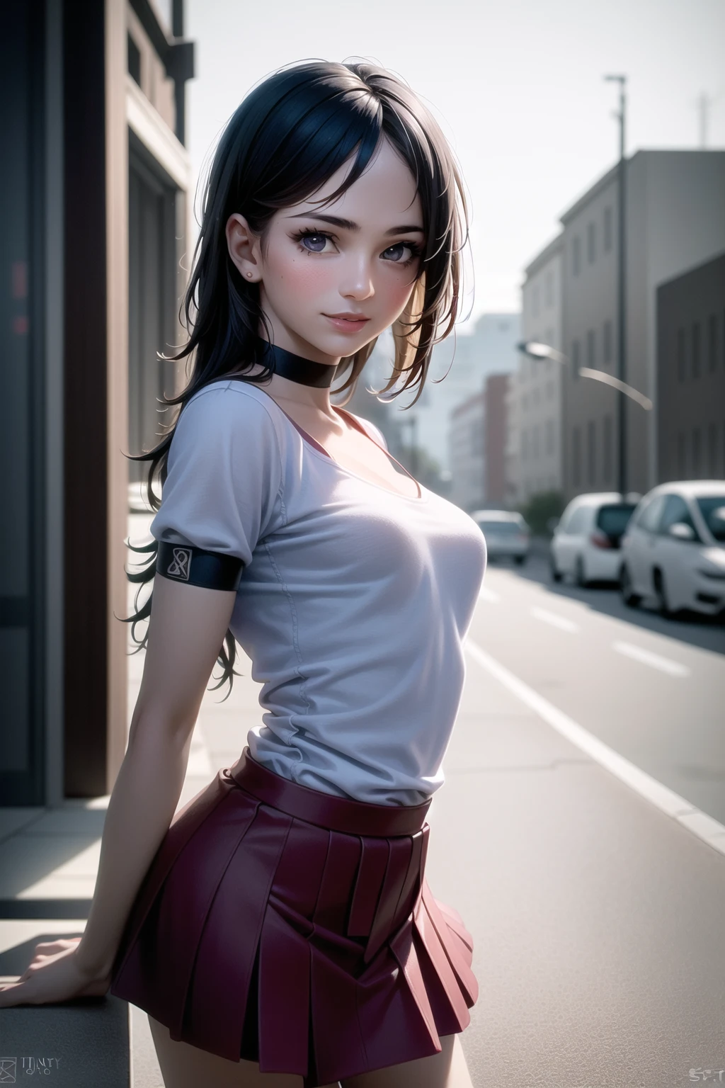 (1girl:1.4),(realistic:1.5),photorealistic, octane render,(hyperrealistic:1.2),(skirt,shirt:1.1),from side,full body ,(skindentation:1.3),(photorealistic face:1.2),(medium|tiny breasts:1.4),thick eyelashes,long eyelashes,arm straps,choker,white legwear,(skindentation:1.3),best quality, (street:1.3),outdoors,dynamic pose, smile,parted lips,looking at viewer,sharp focus,(8k), (4k), (Masterpiece), (Best Quality), fantasy, extremely detailed, intricate, hyper detailed, (perfect face), illustration,soft lighting,(specular lighting:1.4)