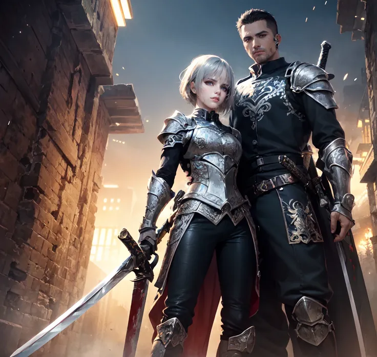 (extremely detailed CG unity 8k wallpaper), (masterpiece), (best quality:1.2), (highres), (illustration:1.1), (cinematic light:1.1), finely detailed, intricate details, (best illustration), 8k resolution, intricate details, best quality, realistic, ultra-detailed, best illumination, best shadow, ultra-HD, cryengine, ultra hd, (detailed reflection), detailed shadows, (((intricate details))), smooth, ((perfect shading)), high quality metal texture, metallic luster, highly detailed illustration, (semi realistic:1.6), (wide_shot:1.2), (from below, dutch_angle), dutch angle,(face to below knee:1.3), ((dark)), dark_fantasy, (embroidery armor:1.5), looking at viewer, full armor, 1boy, (solo), (male:2.5), metal armor, (crew_cut_hair:1.8), knight, (very short hair:1.4), (silver hair:1.3), Light_gray_eyes, slanty_eyes, silver_armor, night, expressionless, open mouth, heavy breathing, head down, handsome, sharp, (holding sword:1.5), male focus, cuisses, gauntlets, shoulder armor, pauldrons, breastplate, knight, in Passage, (stout muscular body), (stout physique), savage facial features, stylish pose, dynamic pose, Leggings, gem, jewelry, armor ornament, stairs, pillar, column, , gloomy, terrifying atmospher, complicated background, dynamic camera angle, blood rain behind, (warzone), (((high quality detailed ruins))), (depth of field), ((cinematic lighting)), ((horror)), ((dark fantasy)), lovecraftian, spot color, monotone, red, splashing blood, (best illumination), (hyper intricate details), ((ultra-detailed)), 4k unity, (extremely detailed CG:1.2), (8k:1.1), ((landscape view)), Artstation, ((by sui ishida, by Wenjun Lin, by stefan morrell)), dark fantasy art, ((semi-realistic)), (realism), (dynamic), <lora:LuisapBladerunner2049_v1:0.2>, (RFKTR_bontrex-150:0.5), <lora:eldenRingLora_v3:0.4>