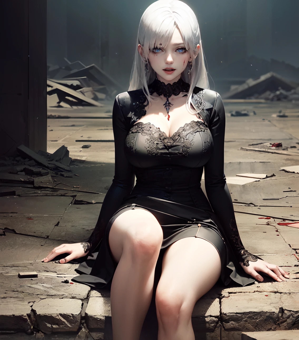 (extremely detailed CG unity 8k wallpaper), (masterpiece), (best quality:1.2), (highres), (illustration:1.1), (cinematic light:1.1), finely detailed, intricate details, (best illustration), 8k resolution, intricate details, best quality, realistic, ultra-detailed, best illumination, best shadow, ultra-HD, cryengine, ultra hd, (detailed reflection), detailed shadows, (((intricate details))), smooth, ((perfect shading)), high quality metal texture, metallic luster, highly detailed illustration, (semi realistic:1.6), (wide_shot:1.2), (from below, dutch_angle), dutch angle,(face to below knee:1.3), ((dark)), dark_fantasy, perfect fingers, hyper details, cutest, solo female, (silver white hair:1.2), absurdly long hair, asymmetrical bangs, (golden eyes:1.4, (finely_detailed_beautiful_eyes_and_detailed_face:1.4), (pale skin), , (vampire:1.3), (black dress shoes, over knee stocking), (choker), big breasts, thin legs, (fang, open mouth:1.2), (hold a glass of blood:1.2), sitting on chair, pale skin, (full body:1.45), (inside of abandoned castle:1.3), (full moon), (blood is splattered:1.35), dark atmosphere, complicated background, dynamic camera angle, blood rain behind, (warzone), (((high quality detailed ruins))), (depth of field), ((cinematic lighting)), ((horror)), ((dark fantasy)), lovecraftian, spot color, monotone, red, splashing blood, (best illumination), (hyper intricate details), ((ultra-detailed)), 4k unity, (extremely detailed CG:1.2), (8k:1.1), ((landscape view)), Artstation, ((by sui ishida, by Wenjun Lin, by stefan morrell)), dark fantasy art, ((semi-realistic)), (realism), (dynamic), <lora:LuisapBladerunner2049_v1:0.2>, (RFKTR_bontrex-150:0.5), <lora:eldenRingLora_v3:0.4>