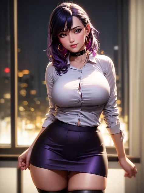 (1girl:1.4), (sfw), (clothed), (masterpiece), illustration,(realistic:1.5), (specular lighting:1.4), (hyperrealistic:1.2), (photorealistic face:1.2), (perfect face), (best quality), (8k), (4k), photorealistic, sharp focus, octane render, best quality, extremely detailed, intricate, hyper detailed, fantasy, soft lighting,(big breasts:1.4), (skindentation:1.3), (black tight skirt:1.5), (white office shirt:1.5), thick thighs, wide hips, big thighs, black legwear thigh highs, thick eyelashes, long eyelashes, hair ribbon, arm straps, choker, (dark purple hair:1.5), streaked hair, hair ribbon, hair band, smile, parted lips, multicolored eyes, gold earrings,(night:1.5), (office:1.3), window, indoors, comfy, cosy, looking at viewer, dynamic pose, detailed skin