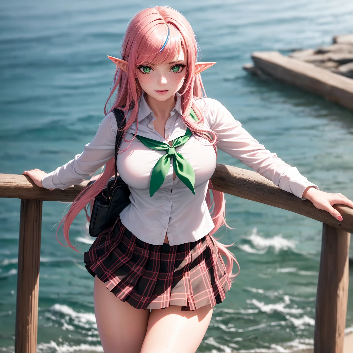 (realistic:1.5), photorealistic, octane render, (hyperrealistic:1.2), ((((above)))), (photorealistic face:1.2), (1girl:1.4), medium breasts, best quality, 1girl, outdoors, in ocean, standing, looking at viewer, looking down, sharp focus, (8k), (4k), (Masterpiece), (Best Quality), (realistic skin texture), extremely detailed, intricate, hyper detailed, (perfect face), illustration, soft lighting, (specular lighting:1.4), green eyes, elf, druid, freckles, pink hair, elf ears, portrait, art, half elf, pointy ears, high resolution, sharp detail, curvaceous, shiny skin, shiny clothes, (oiled body), blush, naughty face, female focus, (skindentation:1.3),thick eyelashes,long eyelashes, short hair, smile, eyeliner, dynamic pose,multicolored hair,streaked hair,hair ribbon,hair band, looking at viewer, (school uniform, plaid skirt:1.3), Classic Arrows,