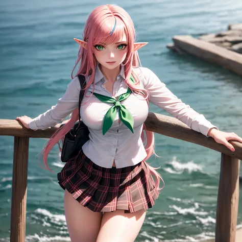 (realistic:1.5), photorealistic, octane render, (hyperrealistic:1.2), ((((above)))), (photorealistic face:1.2), (1girl:1.4), medium breasts, best quality, 1girl, outdoors, in ocean, standing, looking at viewer, looking down, sharp focus, (8k), (4k), (Masterpiece), (Best Quality), (realistic skin texture), extremely detailed, intricate, hyper detailed, (perfect face), illustration, soft lighting, (specular lighting:1.4), green eyes, elf, druid, freckles, pink hair, elf ears, portrait, art, half elf, pointy ears, high resolution, sharp detail, curvaceous, shiny skin, shiny clothes, (oiled body), blush, naughty face, female focus, (skindentation:1.3),thick eyelashes,long eyelashes,  short hair, smile, eyeliner, dynamic pose,multicolored hair,streaked hair,hair ribbon,hair band, looking at viewer, (school uniform, plaid skirt:1.3), Classic Arrows,