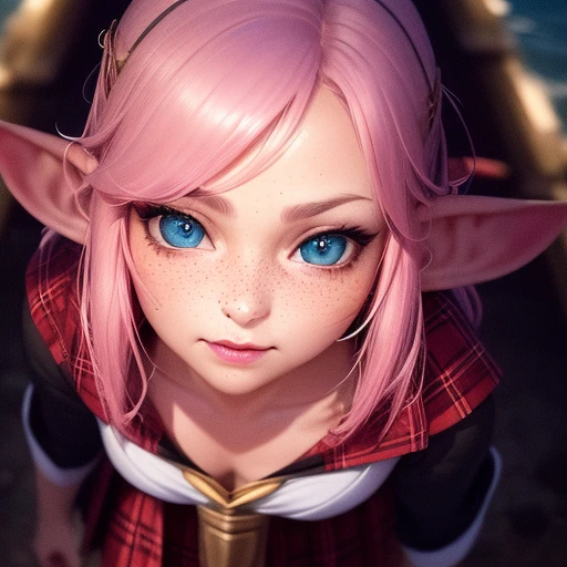 (realistic:1.5), photorealistic, octane render, (hyperrealistic:1.2), ((((above)))), (photorealistic face:1.2), (1girl:1.4), medium breasts, best quality, 1girl, outdoors, in ocean, standing, looking at viewer, looking down, sharp focus, (8k), (4k), (Masterpiece), (Best Quality), (realistic skin texture), extremely detailed, intricate, hyper detailed, (perfect face), soft lighting, (specular lighting:1.4), elf, druid, freckles, pink hair, elf ears, portrait, half elf, pointy ears, high resolution, sharp detail, curvaceous, shiny skin, shiny clothes, (oiled body), blush, naughty face, female focus, short hair, smile, eyeliner, looking at viewer, (school uniform, plaid skirt:1.3), Classic Arrows,