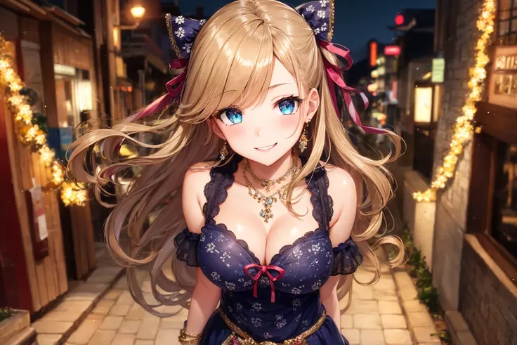 ultra-detailed, extremely detailed, masterpiece, highest quality, (1girl:1.4), (solo:1.1), (schoolgirl:1.0), focus face, happy smile, eyes reflections, detailed eyes, perfect eyes, rendered eyes, looking at viewer, full body, detailed skin, skin pores, shiny skin, glossy skin, skindentation, breasts, hair flow, motion, skimpy clothes, ribbon, necklace, bracelet, idol, idol clothes, city, night, detailed background, intricate background