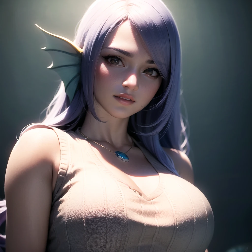 (realistic:1.5), photorealistic, (octane render1.3), hyperrealistic, best quality,
full body, 1 1girl, pov,profile, portrait,
(fish girl1.3),
(white|head fins:1.3), shiny skin,
fishtail,
absurdly long hair, gradient hair with purple hair on top and blue hair on bottom,
hair covering head fin,
grin, parted lips, thick lips,
(brown:red:0.6) eye,
necklace, bead necklace,
medium breasts, white sweater vest,
sharp focus,(8k), (4k), (Masterpiece), (Best Quality), fantasy, extremely detailed, intricate, hyper detailed, (perfect face), illustration,
soft lighting, (specular lighting:1.4),