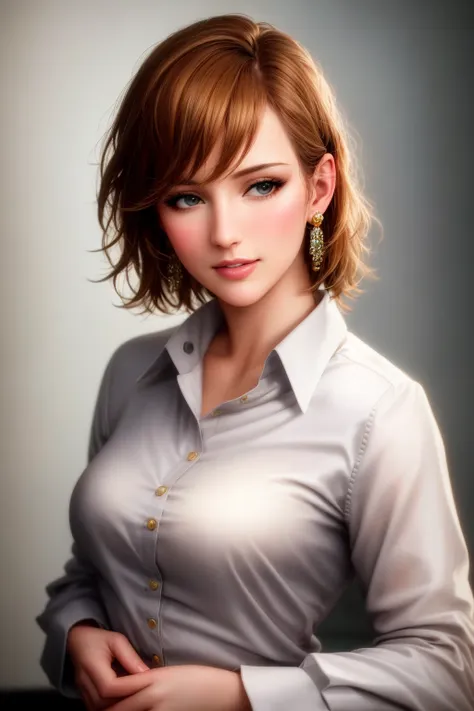 (realistic:1.5), photorealistic, octane render, (hyperrealistic:1.2), model photoshoot, a portrait photo of a beautiful swedish 25 years old woman, detail eyes, detailed face, button shirt and jacket, inside luxurious palace, (high detailed skin:1.2), 8k uhd, dslr, dramatic lighting, high quality, film grain, Fujifilm XT3, dynamic pose, cute seductive smile, colorful, full body photo, masterpiece, best quality, ultra-detailed, (blushing:0.8), short hair, messy bang, small gem earrings