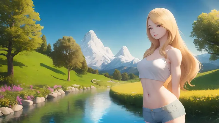 <lora:dizzykitten_512x640_1.0:0.4><lora:improveBackgrounds_v10:0>dizzykitten_512x640_1.5, 1girl, landscape with Harmony, landscape background, in Sweden, shorts, soft lower lighting, diffraction spikes, arms behind back, blonde hair, highly detailed background, 8k, ultra detail, masterpiece