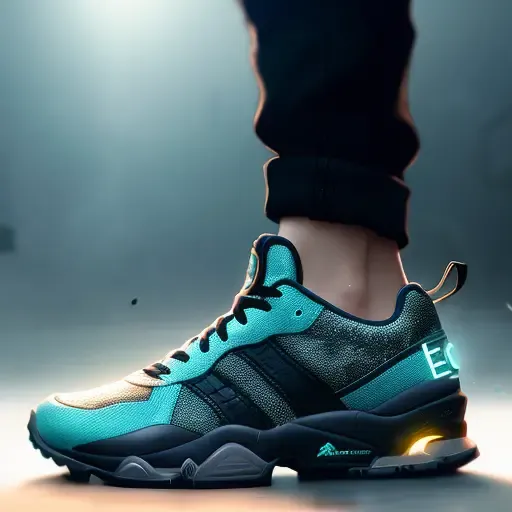 product photography of a cyberpunk sneakers, epic render, octane, atmosphere, particles, soft volumetric lights, (backlit:1.3), (cinematic:1.3), intricate details, (ArtStation:1.3)