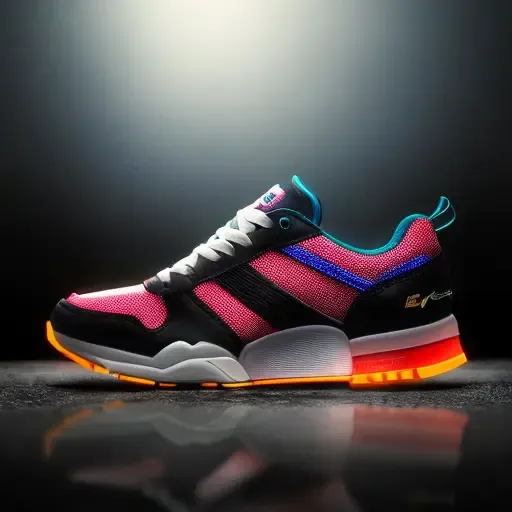 product photography of a cyberpunk sneakers, epic render, octane, atmosphere, particles, soft volumetric lights, (backlit:1.3), (cinematic:1.3), intricate details, (ArtStation:1.3)