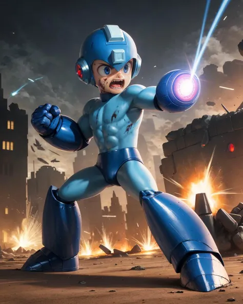 ((masterpiece, best quality)), true color, photorealistic, lifelike, (complex light), 1boy,solo, full body, megaman, <lora:Megaman1:0.8>,helmet, armor, blue eyes, bodysuit, shy, :<, shiny skin, (bouncy castle), (chocolate skin:1.2), absurdres, HDR, (masterpiece:1.2), standing, very angry, concentration, war zone, hell, ruins, battle stance, robotic legs, shooting with arm cannon, mature, grinding teeth, spiderman stance, kamehameha, hadoken, energy blast, swift attack, vampire teeth, hurt, damaged, debris, dirt, dust, stains, scratches, power up stance, cut, blood, bleeding, buffed, muscular, athletic, body builder
