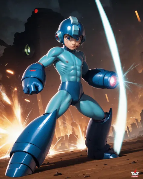 ((masterpiece, best quality)), true color, photorealistic, lifelike, (complex light), 1boy,solo, full body, megaman, <lora:Megaman1:0.8>,helmet, armor, blue eyes, bodysuit, shy, :<, shiny skin, (bouncy castle), (chocolate skin:1.2), absurdres, HDR, (masterpiece:1.2), standing, very angry, concentration, war zone, battle stance, robotic legs, shooting with arm cannon, mature, grinding teeth, spiderman stance, kamehameha, hadoken, energy blast, swift attack, vampire teeth, hurt, damaged, debris, dirt, dust, stains, scratches, power up stance, cut, blood, bleeding, buffed, muscular, athletic, body builder