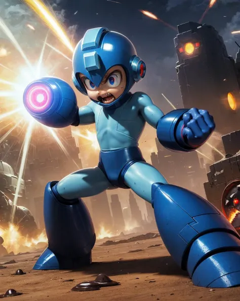 ((masterpiece, best quality)), true color, photorealistic, lifelike, (complex light), 1boy,solo, full body, megaman, <lora:Megaman1:0.8>,helmet, armor, blue eyes, bodysuit, shy, :<, shiny skin, (bouncy castle), (chocolate skin:1.2), absurdres, HDR, (masterpiece:1.2), standing, very angry, concentration, war zone, battle stance, robotic legs, shooting with arm cannon, mature, grinding teeth, spiderman stance, kamehameha, hadoken, energy blast, swift attack, vampire teeth, hurt, damaged, debris, dirt, dust, stains, scratches, power up stance