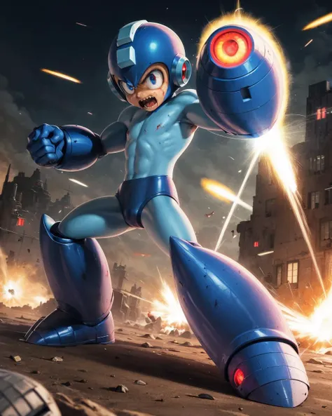 ((masterpiece, best quality)), true color, photorealistic, lifelike, (complex light), 1boy,solo, full body, megaman, <lora:Megaman1:0.8>,helmet, armor, blue eyes, bodysuit, shy, :<, shiny skin, (bouncy castle), (chocolate skin:1.2), absurdres, HDR, (masterpiece:1.2), standing, very angry, concentration, war zone, battle stance, robotic legs, shooting with arm cannon, mature, grinding teeth, spiderman stance, kamehameha, hadoken, energy blast, swift attack, vampire teeth, hurt, damaged, debris, dirt, dust, stains, scratches, power up stance, cut, blood, bleeding, buffed, muscular, athletic, body builder
