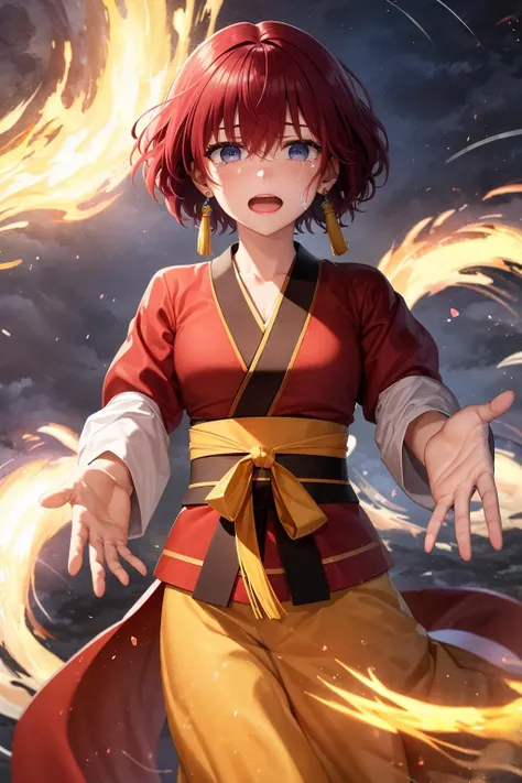 (Masterpiece, Best Quality:1.3), absurdres, (8k resolution), (Traditional Media), illustration,  (centered), ultra hi res, dynamic view, cowboy shot, yona1, looking at viewer, solo, crying with eyes open, tears, sobbing, open mouth, (hands on own face:1.2), detailed face, detailed eyes,  dynamic pose, (tanling ruqun, banbi:1.2), tassel earrings, sharp focus, (details:1.2), (depth of field), high quality, scenery, tropical island, wind lift, beautiful, [floating particles], ((dark, night:1.3)), glowing:0.4