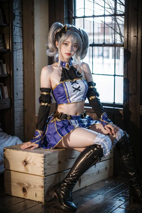 best quality, masterpiece, realistic, (photorealistic:1.4), 1girl, solo, full body, akari cosplay costume, grey hair, twintails, midriff, boots, sitting, looking at viewer, indoors, <lora:akari_cosplay_costume_v1:0.7>
