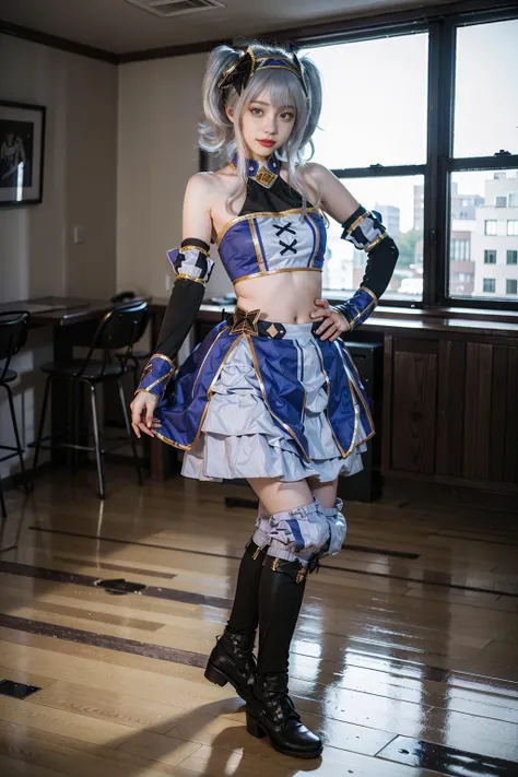 best quality, masterpiece, realistic, (photorealistic:1.4), 1girl, solo, full body, akari cosplay costume, grey hair, twintails, midriff, looking at viewer, indoors, <lora:akari_cosplay_costume_v1:0.7>