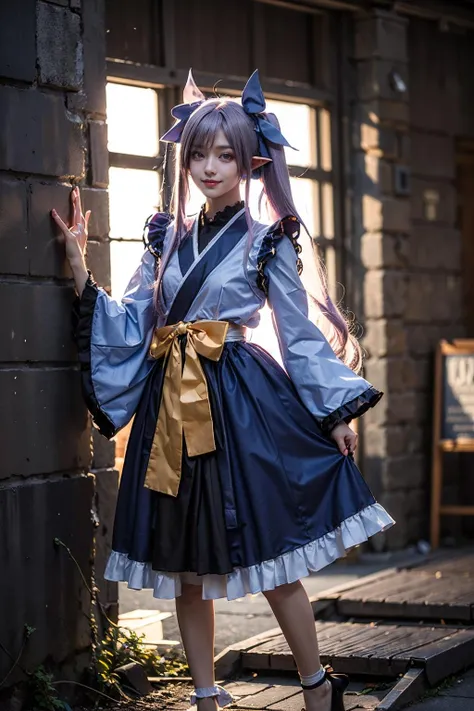 best quality, masterpiece, realistic, (photorealistic:1.4), 1girl, solo, full body, looking at viewer, smile, standing, kyouka cosplay costume, cosplay, purple hair, twintails, pointy ears, bow, tabi, skirt, frills, frills sleeves, wide sleeves, detailed background, wall, <lora:kyouka_cosplay_costume_v1:0.65>