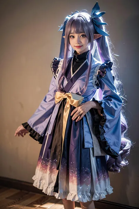 best quality, masterpiece, realistic, (photorealistic:1.4), 1girl, solo, full body, looking at viewer, smile, standing, kyouka cosplay costume, cosplay, purple hair, twintails, pointy ears, bow, tabi, frills, frills sleeves, wide sleeves, simple background, wall, <lora:kyouka_cosplay_costume_v1-000010:0.75>