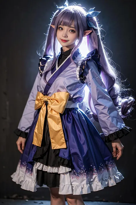 best quality, masterpiece, realistic, (photorealistic:1.4), 1girl, solo, full body, looking at viewer, smile, standing, kyouka cosplay costume, cosplay, purple hair, twintails, pointy ears, bow, tabi, frills, frills sleeves, wide sleeves, simple background, wall, <lora:kyouka_cosplay_costume_v1:0.7>