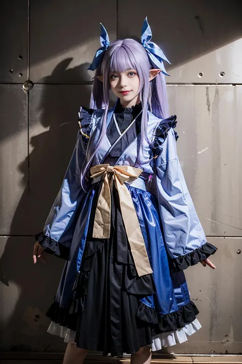 best quality, masterpiece, realistic, (photorealistic:1.4), 1girl, solo, full body, looking at viewer, smile, standing, kyouka cosplay costume, cosplay, purple hair, twintails, pointy ears, bow, tabi, frills, frills sleeves, wide sleeves, simple background, wall, <lora:kyouka_cosplay_costume_v1:0.7>