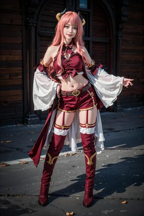 best quality, masterpiece, realistic, (photorealistic:1.4), 1girl, solo, full body, smile, suzuna cosplay costume, cosplay,horns, midriff,thighhighs, boots,gloves, <lora:suzuna_cosplay_costume-000010:0.65>