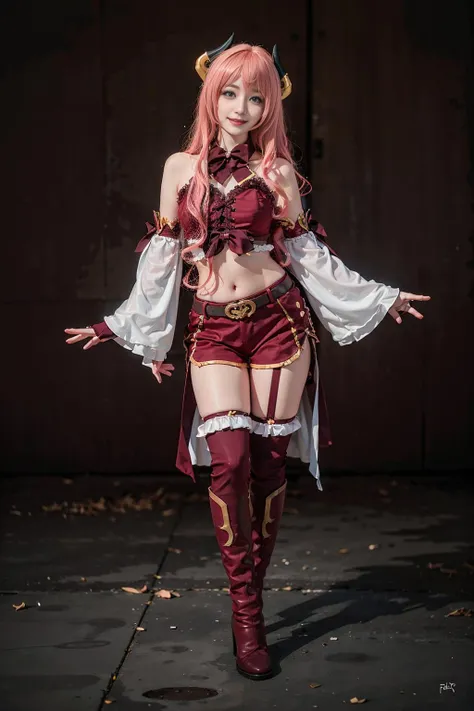best quality, masterpiece, realistic, (photorealistic:1.4), 1girl, solo, full body, smile, suzuna cosplay costume, cosplay,horns, midriff,thighhighs, boots,gloves, <lora:suzuna_cosplay_costume-000010:0.65>
