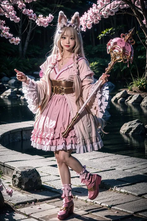 best quality, masterpiece, realistic, (photorealistic:1.4), 1girl, solo, full body, maho cosplay costume, cosplay, animal ears, pink boots, holding staff, detailed background, outdoors, japanese garden, cherry blossoms, night, <lora:moha_cosplay_costume_v1:0.65>