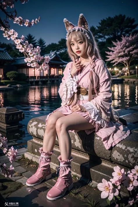 best quality, masterpiece, realistic, (photorealistic:1.4), 1girl, solo, full body, maho cosplay costume, cosplay, animal ears, pink boots, sitting, detailed background, outdoors, japanese garden, cherry blossoms, night, <lora:moha_cosplay_costume_v1:0.6>
