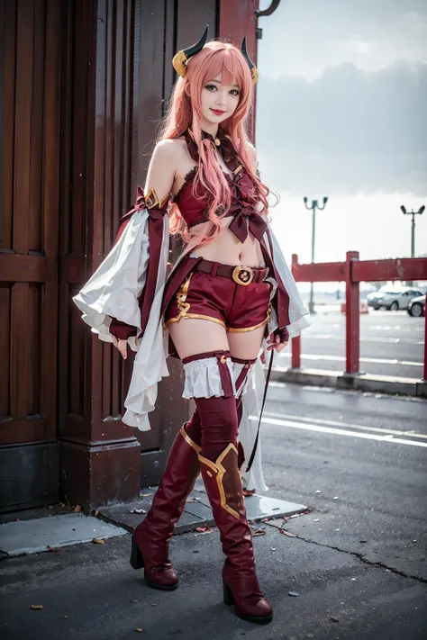 best quality, masterpiece, realistic, (photorealistic:1.4), 1girl, solo, full body, smile, suzuna cosplay costume, cosplay,horns, midriff,thighhighs, boots,gloves, <lora:suzuna_cosplay_costume-000010:0.65>