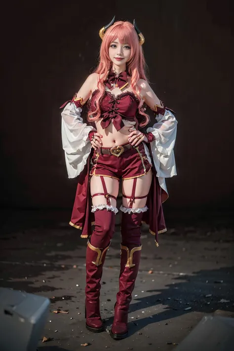 best quality, masterpiece, realistic, (photorealistic:1.4), 1girl, solo, full body, smile, suzuna cosplay costume, cosplay,horns, midriff,thighhighs, boots,gloves, <lora:suzuna_cosplay_costume-000010:0.65>