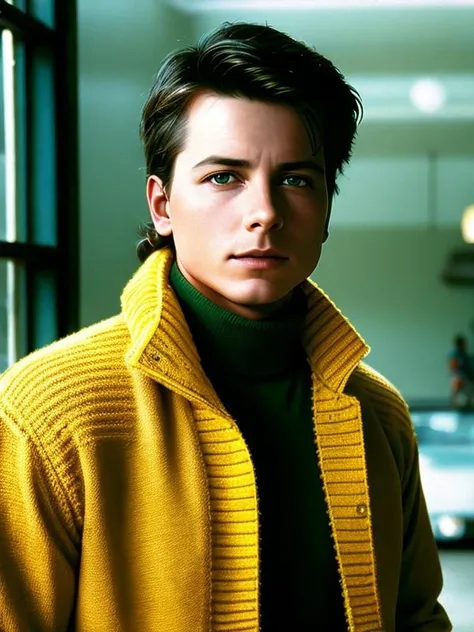 photo of (MartyMcFly:1.2) trapped in Pre-Columbian Mesoamerica, photo, a young man (Wearing a yellow turtleneck sweater, with a brown leather jacket and a green ascot:1.4), detailed face, realistic skin, high quality, (bluegrey eyes:1.1), Leica 50mm, f1. 4, natural light, grainy, (high detailed skin:1.2), high detail