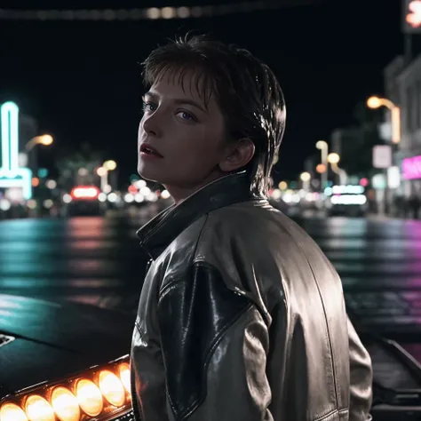 movie still of <lora:martyMcflyBackToThe_v31:1>  in front a DeLorean, surrealistic, (at night:1.1), colorful glowing city, synthwave style, leather jacket, low light, 3 points subject lighting, wet reflective street, starry night sky