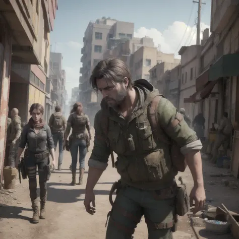 dirty people wearing rages, rugged, dirty, looking tired and in pain, (female), guards, (2male), background detailed post-apocalyptic town, people in background, full body, people upset, disgusted, NSFW, sharp focus, best quality, photorealistic, (hyperrealistic:1.2), (((professionally color graded))), volumetric lighting, ultra detailed, good anatomy, realistic shadows, realistic lighting, raytracing, (extremely detailed CG, unity), Kodachrome