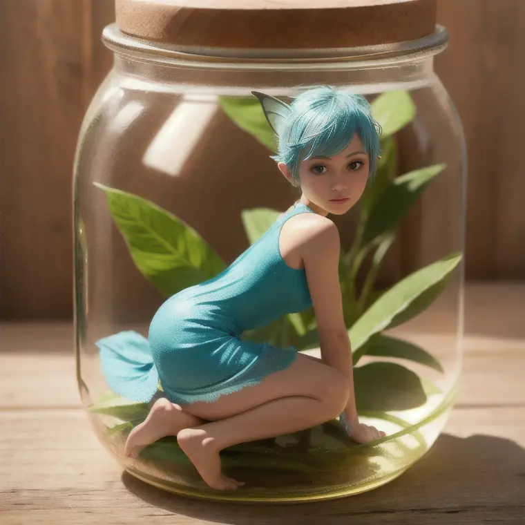 (shrunken, glass jar, inside jar, beautiful pixie inside jar, full body), (perfect face, highly detailed face, perfect eyes), looking at viewer, nsfw, 4k, fine detail, realistic, masterpiece, Kodachrome, highly detailed,