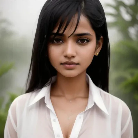 Indian woman, white shirt, unbuttoned, clean face, no makeup, natura, wet, rain, portrait, 50 mm
