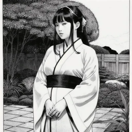 woman in kimono, in garden, most beautiful artwork in the world, cinematic shot, centered, cinematography, intricately detailed, crafted, meticulous, magnificent, maximum details, extremely hyper aesthetic, Sketch, Manga Sketch, Pencil drawing, Black and White, Manga, Manga style, Low detail, Line art, vector art, Monochromatic, by katsuhiro otomo and masamune shirow and studio ghilibi and yukito kishiro and kentaro miura