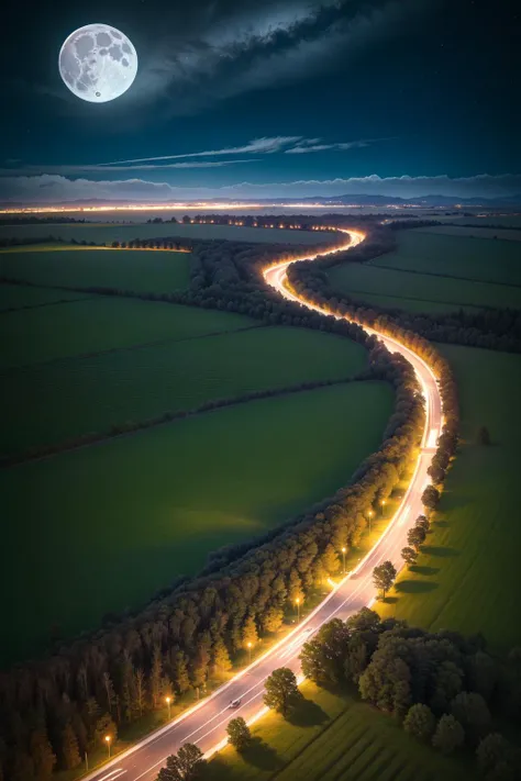 ((best quality)), ((masterpiece)), ((detailed)), (Immersive), ((Astounding)), ((Mind-blowing)), Countryside, Pastoral, Countryscape, Quadcopter photo, Dronography, Nighttime glow, Lunar illumination, Moonlit atmosphere, Long focal length lens, Magnification