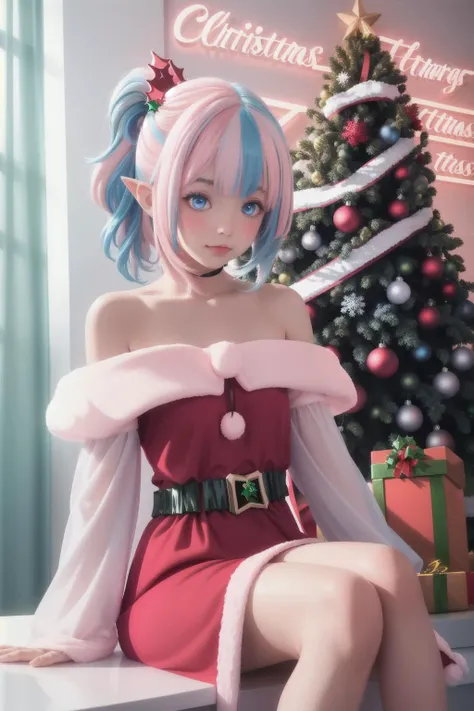 (Red Christmas dress:1.3), (sitting), Christmas hair ornament, (glowing Christmas tree:1.3), (blush:1.2), Innocent, (shy:1.2), cute, Flat, Medium hair, Skirt, masterpiece, best quality, (Side ponytail:1.1), (light pink hair:1.3), (gradient hair:1.0), white horns, Pointy ears, layered, frills, bare shoulders, sleeves, (Glowing sign text:1.3), Blue eyes, Pink > blue, (light blue hair:1.25)