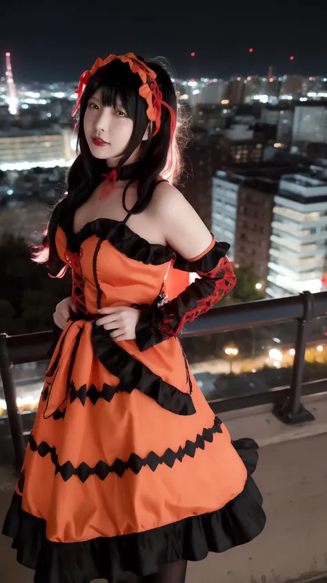Red yellow heterochromia, masterpiece, best quality, (Solo:1.0), Kurumi tokisaki, Lace, (Black hair:1.0), (Full body:0.9), <lora:Kurumi-tokisaki-cosplay2:0.7>, Kurumi-tokisaki-cosplay2, Roof, night, city background, Posing, On wind, Black sleeves, Orange dress, (Nsfw:1.1)