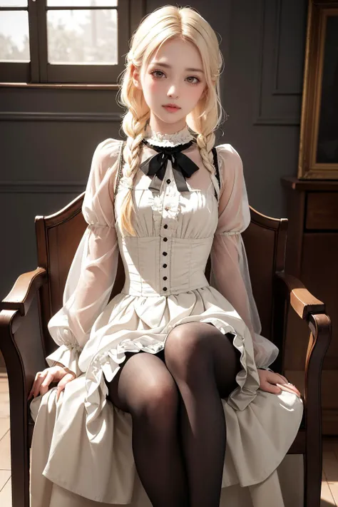( detailed realistic background:1),
( official art, beautiful and aesthetic:1 ),
realistic lighting,
cinematic lighting,
hyperrealism,
soothing tones,
muted colors,
high contrast,
soft light,
sharp,
artistic photoshoot,
( cute, petite ),
slender,
european,
pale cheeks,
square face shape with angular jaw,
natural "no-makeup" makeup,
small breasts,
,
platinum blonde hair ,
knotless braid hairstyle  ,
wearing Ruffled Victorian-inspired blouse with a high collar and lace insets , Ball Gown Skirt , body-shaping pantyhose and t-strap heels ,