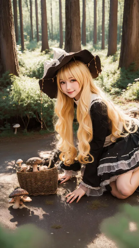 masterpiece, best quality,realistic,  solo,1girl, Take a basket of (mushroom:1.1), 
, smile,  dense woods, (forests. mushroom, on the ground:1.8),
<lora:Kirisame-Marisa-cosplay:0.7>,Blonde, Kirisame-Marisa-cosplay, Black dress, Frills, Print ,