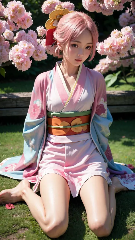 photorealistic, from above , 1 petite skinny girl, medium hair, pink hair, (barefoot) ,(flat chest:1.2) , (high detailed skin, skin details:1.6), realistic, (kimono:1.8), (sitting, wariza:1.2), solo, striped,
The setting is a (flower land:1.4),surrounded by natural elements like (pink flower,lot of (flowers). It's a beautiful,peaceful day with a light breeze,