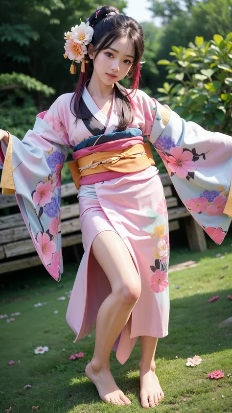 cute woman、cute face、cute smile、10 years old 、full body shot、80mm、well-shaped chest、lazy smile、japanese kimono、Miko costume、shrine、torii、cherry blossoms、Beautiful and slim legs、