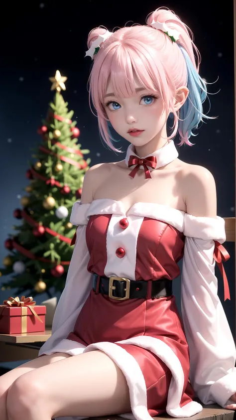 (Red Christmas dress:1.3), (sitting), Christmas hair ornament, (glowing Christmas tree:1.3), (blush:1.2), Innocent, (shy:1.2), cute, Flat, Medium hair, Skirt, masterpiece, best quality, (Side ponytail:1.1), (light pink hair:1.3), (gradient hair:1.0), white horns, Pointy ears, layered, frills, bare shoulders, sleeves, (Glowing sign text:1.3), Blue eyes, Pink > blue, (light blue hair:1.25)