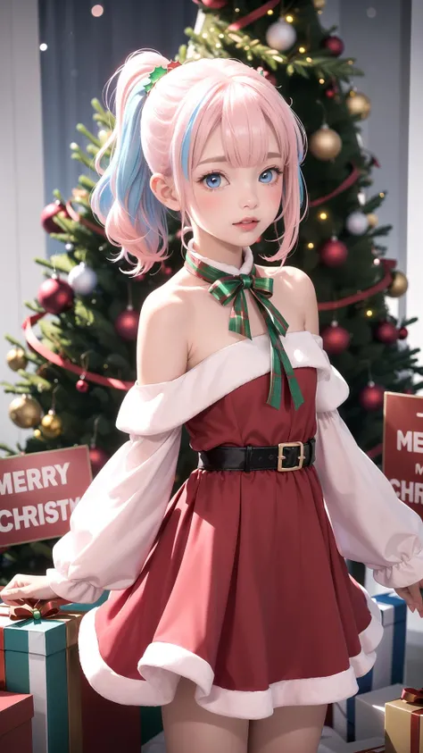 (Red Christmas dress:1.3), Christmas hair ornament, (glowing Christmas tree:1.3), (blush:1.2), Innocent, (shy:1.2), cute, Flat, Medium hair, Skirt, masterpiece, best quality, (Side ponytail:1.1), (light pink hair:1.3), (gradient hair:1.0), white horns, Pointy ears, layered, frills, bare shoulders, sleeves, (Glowing sign text:1.3), Blue eyes, Pink > blue, (light blue hair:1.25)
