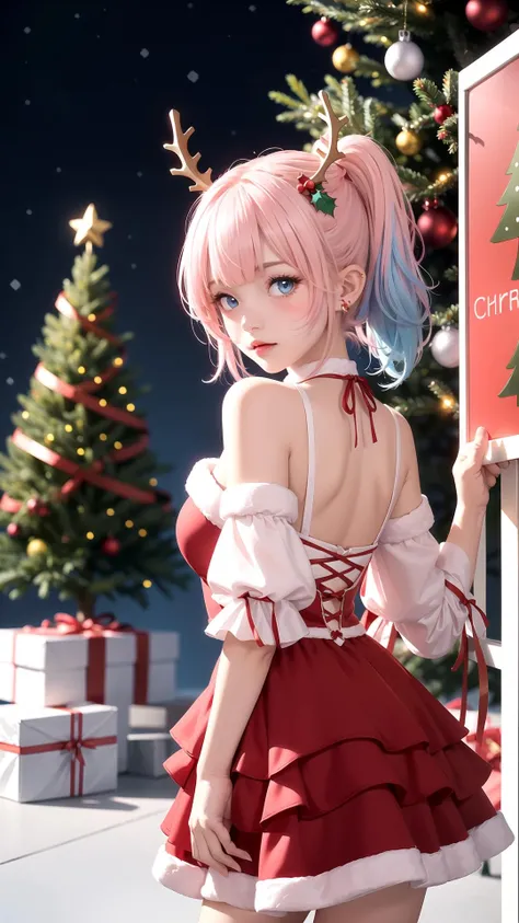 (Red Christmas dress:1.3), Christmas hair ornament, (glowing Christmas tree:1.3), (blush:1.2), Innocent, (shy:1.2), cute, Flat, Medium hair, Skirt, masterpiece, best quality, (Side ponytail:1.1), (light pink hair:1.3), (gradient hair:1.0), white horns, Pointy ears, layered, frills, bare shoulders, sleeves, (Glowing sign text:1.3), Blue eyes, Pink > blue, (light blue hair:1.25)