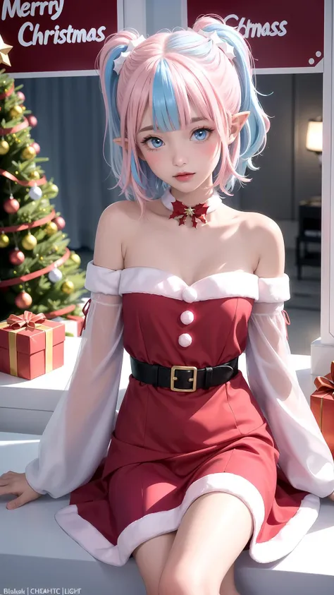 (Red Christmas dress:1.3), (sitting), Christmas hair ornament, (glowing Christmas tree:1.3), (blush:1.2), Innocent, (shy:1.2), cute, Flat, Medium hair, Skirt, masterpiece, best quality, (Side ponytail:1.1), (light pink hair:1.3), (gradient hair:1.0), white horns, Pointy ears, layered, frills, bare shoulders, sleeves, (Glowing sign text:1.3), Blue eyes, Pink > blue, (light blue hair:1.25)